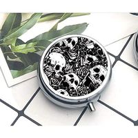 Creative Skulls on Black Background Round Pill Box 3 Compartment Pill Case Decorative Medicine Vitamin Organizer for Purse Or Pocket