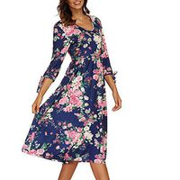 Womens Dresses Hot Sale,DEATU Ladies Autumn 3/4 Flare Sleeves Print Sexy Dress(Blue,XXXL)