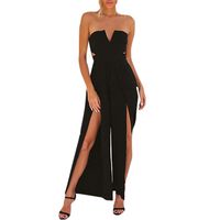 LONGDAY Women Summer Jumpsuit Strapless Top Off Shoulder Romper Elegant High Waist Side Split Pants Layered Top Cut Out Black