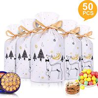 50pcs Christmas Candy Cookies Drawstring Gift Bags 7”×4”, Plastic Treat Bags with Bow-Tie for Birthday Party Wedding Favor,O