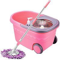 Mop and Buckets Sets 360 Spinning Mop Bucket System Stainless Steel Deluxe Floor Cleaning System Wheel Spin Mop Bucket For Home Cleaning-Pink for Floor Cleaning (Color : Pink, Size : 46x28x26cm)