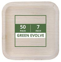 Green Evolve 810017651382 Palm Leaf Set (50 Pack) | 7" Salad or Dessert Plates | Heavy Duty Ecofriendly Disposable Dinnerware |, 7" Square, Light Brown