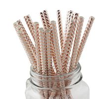 SSORA Biodegradable Paper Straws Disposable Foil Rose Gold Chevron 7.75 Inches 100 Pieces