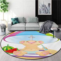 RUGSMAT Cartoon Non-Slip Area Rug Pad Round,Bear On The Beach Sunbathing Summer Day with Watermelon Children Cheerful Design Protect Floors While Securing Rug Making Vacuuming,Diameter-51 Inch