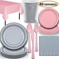 Disposable Party Supplies, Serves 40 - Silver and Light Pink - Large and Small Paper Plates, 12 oz Plastic Cups, Heavyweight Cutlery, Napkins, and Tablecloths. Full Two-Tone Tableware Set