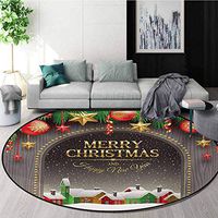 RUGSMAT Christmas Round Rug Kid Carpet,Classic Rustic Design Season Greetings Golden Colored Letters Village Ornaments Home Decor Foor Carpet,Diameter-51 Inch Multicolor