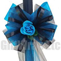 Large Black Tulle and Turquoise Ribbon Assembled Pew Bows - 10" Wide, Set of 6, Turquoise Roses, Church Wedding Decoration, Reception, Anniversary, School Dance, Birthday, Formal