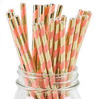 Paper Straws Coral & Rose Gold Foil Striped Pattern - Eco Friendly Wedding Straws - Dozens of Designs & Perfect For Any Party! Frozen Dessert Supplies - 300 Count