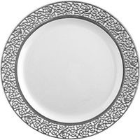 Royalty Settings Inspiration Collection Fancy Heavy Duty Plastic Plates for Weddings, Premium Hard Plastic Plates for Parties, White with Silver Rim, Set of 20, 10 inch Disposable Plastic Plates