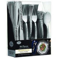 96 Pieces Silver Plastic Cutlery Silverware Extra Heavyweight Disposable Flatware, Full Size Cutlery Combo, Silver, 32 Forks, 32 Knifes, 32 Spoons