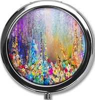 Abstract Floral Watercolor Painting Custom Round Black Pill Case Pocket 2.1 inches Medicine Tablet Holder Organizer Case for Purse/Three-Compartment Pill Box/Black Pill Case