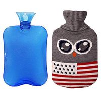 2 Liter Hot Water Bottle, Ease Aches and Pains Aid Comfort Sleep, Light Blue Bottle + Cute Knit Cover-Gray Owl