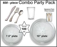 600-piece Combo Party Pack, Premium Plastic CLEAR Scroll Plates, Silver Cutlery, Clear Tumblers w/ Signature Party Picks - SERVES 100