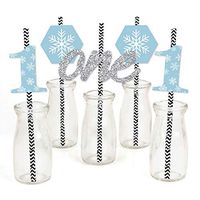 Big Dot of Happiness Onederland - Paper Straw Decor - Holiday Snowflake Winter Wonderland Birthday Party Striped Decorative Straws - Set of 24