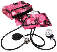 Prestige Medical Aneroid A126-RPK Sphygmomanometer Clinical Lite Stethoscope Kit, Ribbons and Hearts Pink