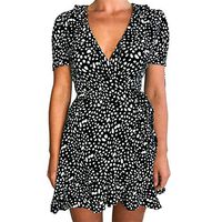 Sunhusing Women's Sexy V-Neck Short Sleeve Belt Bowknot Strappy Pleated Ruffled Polka Dot Print Short Dress(Black,L)