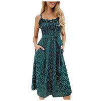 Kiminana Women Retro Polka Dot Print Holiday Dress Summer Ruffle Pleated Spaghetti Straps Dress Cold Shoulder Flowy Dress