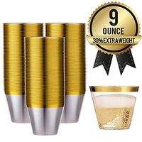 100 Gold Rimmed Reusable Plastic Cups – Thick, Durable 9 oz. Disposable Champagne Glasses – Plastic Gold Cocktail Wine Rim Cup For | Holiday | Party | Birthday | Wedding | Gold Cups by Amedy’s