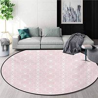 RUGSMAT Pink and White Modern Machine Washable Round Bath Mat,Victorian Style Girly Feminine Pattern with Curly Leaves Hearts and Flowers Non-Slip Soft Floor Mat Home Decor,Diameter-24 Inch