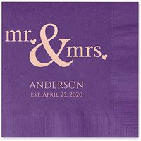 Canopy Street Mr and Mrs Hearts Personalized Luncheon Napkins - 100 Violet Purple Paper Coined Napkins with a Choice of foil. 6 1/2'' x 6 1/2'' Folded, Made in The USA