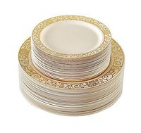 ELEGANT DISPOSABLE DINNERWARE SET | 40 Dinner Plates and 40 Salad Plates | for Upscale Wedding and Dining | Venetian Collection (Gold/Ivory)