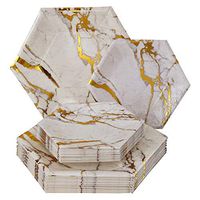 PARTY DISPOSABLE 432 PC DINNERWARE SET | 216 Dinner Plates | 216 Side Plates | Heavyweight Paper Plates | Hexagon Design | for Upscale Wedding and Dining (Marble Collection – Gold)