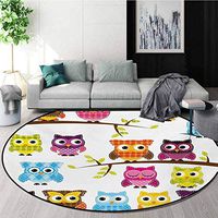 RUGSMAT Nursery Super Soft Circle Rugs for Girls,Patchwork Quilt Style Owls On Branches Animals with Green Leaves Bird Mascots Print Circular Area Rugs for Kids Bedroom,Round-71 Inch