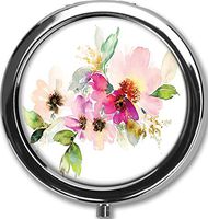 Watercolor Flower Custom Round Black Pill Case Pocket 2.1 inches Medicine Tablet Holder Organizer Case for Purse/Three-Compartment Pill Box/Black Pill Case