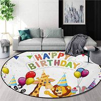 RUGSMAT Kids Birthday Modern Machine Washable Round Bath Mat,Cartoon Style Safari Jungle Animals at A Party with Flags and Balloons Image Non-Slip Soft Floor Mat Home Decor,Diameter-39 Inch