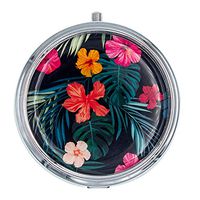 Small Round Pill Box Case - Portable Decorative Travel Medicine Organizer Case for Purse Pocket - 3 Compartment - Hibiscus Floral Leaves Design