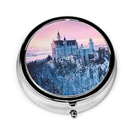 ZZguowuque Round Pill Case with 3 Compartment，Small Pill Case Portable for Pocket Purse， Travel Pills Box A Lot of Planets Germany Bavaria Neuschwanstein Castle Winter