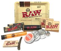 Bundle - 9 Items - RAW Black Rolling Paper, Pre-Rolled Tips, Mini Rolling Tray, Roller and Hemp Wick with RPD Grinder and KewlTube