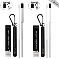 Collapsible Straw Reusable Stainless Steel Straw in Metal case - Travel Portable Retractable Drinking Telescopic Straws with Keychain, Cleaning brush and Silicone tip (Black, 2 pack)