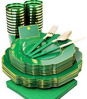 NERVURE 140pcs Green Plastic Plates with Gold Rim&Green Plastic Silverware Set:20 Dinner Plates-20 Dessert Plates-20 Cups-20 Forks-20 Knives-20 Spoons-20 Napkins Perfect for St.Patrick’s Day &Parties