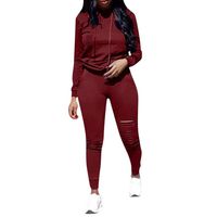 Wadonerful 2 Pcs Sportwear Set Women O Neck Long Sleeve Hoodie Hole Sweatshirt Top+Drawstring Pants Sport Suit Tracksuit (M, Red)
