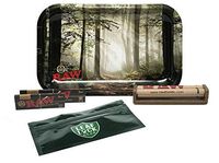 RAW Rolling Tray Small"Smokey Forest Trees", RAW Black 1 1/4 Rolling Papers, RAW Black King Size Slim, RAW Cigarette Roller, with Leaf Lock Gear Spill Proof Pouch - 5 Item Bundle