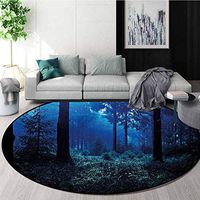 RUGSMAT Night Computer Chair Floor Mat,Misty Nature Scene of Autumn Forest in Thuringia Germany Tranquil Woodland Printed Round Carpet for Children Bedroom Play Tent,Diameter-47 Inch