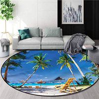 RUGSMAT Seaside Machine Washable Round Bath Mat,Sunbeds Palm Trees Beach Foam Mat Living Room Decor Round-39