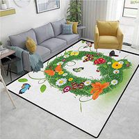 Letter Q Animals Area Rug Anti Slip Pad, Summer Alphabet with Herbs Chamomiles Swirling Leaves Fragrance Themed Symbols, Easy Maintenance Area Rug Living Room Bedroom Carpet(3'x 8') Multicolor