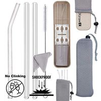 XTRAW Premium Reusable Glass Drinking Straws with Carrying Case and Protective Pouch Bag, Set of 3 With Protective Straw Stand, Cleaning Brush, Cleaning Cloth, Wheat Straw Plastic Travel Case, 7 inch