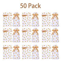 DINGJIN 50 Pack Gold Polka Dot Drawstring Candy Bags Plastic Favor Bag Drawstring Cookie Bags Christmas Wedding Party Birthday Engagement Christmas Holiday Favor