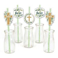 Baptism Elegant Cross - Paper Straw Decor - Religious Party Striped Decorative Straws - Set of 24
