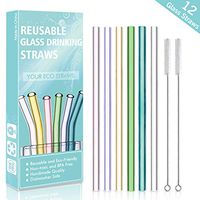 Reusable Glass Drinking Straws,Set of 12 with 2 Cleaning Brushes,Shatter Resistant,Non-Toxic,BPA Free,Eco Friendly Reusable Straight Straws 8'' x10mm (Multi-Color 12 Pack)