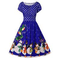 Driuankeji Ladies Christmas Holiday Dress Women's Vintage Dot Print O Neck Short Sleeve Smowman Pattern Swing Dress Blue