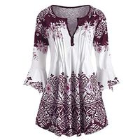 TWGONE Blouses for Women Fashion 2019 Elegant Plus Size Printed Flare Sleeve Tops Blouses Keyhole T-Shirts(Small,Za-WineRed)