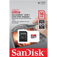 SanDisk Ultra 16GB UHS-I Class 10 MicroSDHC Memory Card Up to 80mb/s SDSQUNC-016G with adapter