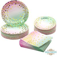 150 PCS Pink to Teal with Gold Dots Plates and Napkins Set 150 PCS - Dinner, dessert plates and napkins for Party, Bachelorette, Birthday, Baby shower, Wedding Shower and more! (Pink to Teal Ombre)
