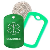 Seizures Medical Alert ID Necklace with Green Tag, Green Silencer, and 30'' USA Chain - 154 Color Choices