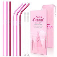REUSABLE METAL STRAW SET - ONE OCEAN STRAWS Pink Stainless Steel 10.5" Metal Straws 6 pack with Reusable Pouch Case and Cleaning Brush - Pink Red - Eco Friendly