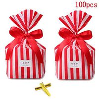 Red Stripe Clear Cello Bags 7.8in x 5.5in x 2.3in Candy Plastic Party cellophane Treat Bags,Pack of 100